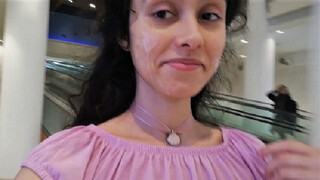 Public Cumwalk at the Mall!!! Sissi goes around with her Face Full of Spunk
