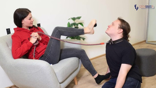 foot slave domination on a leash (foot domination, femdom, sneakers, foot worship, hot feet)