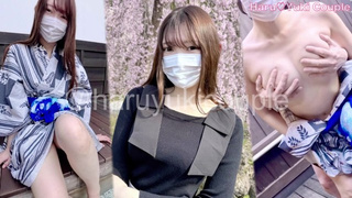 Cherry blossom viewing date and cream-pie in cowgirl position at an open-air fine spring