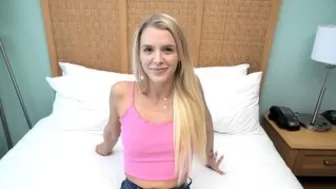 This beautiful blonde amateur with a trimmed pussy is brand new