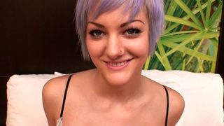 Purple haired Goth girl with a pixie cut makes her debut porn video