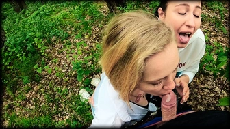 2 Girlfriends Blow Rod in the Woods - Threesome Outdoor Bj - Public POINT OF VIEW