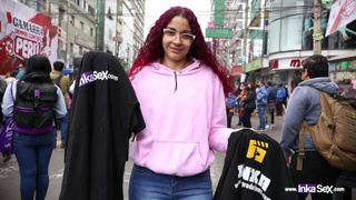 Redheaded polo shirt saleswoman caught on the streets of Gamarra-Lima, ends up being impregnated by