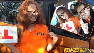 Fake Driving Instructor mounts his hot redhead teeny student in the car and gives her a cream pie